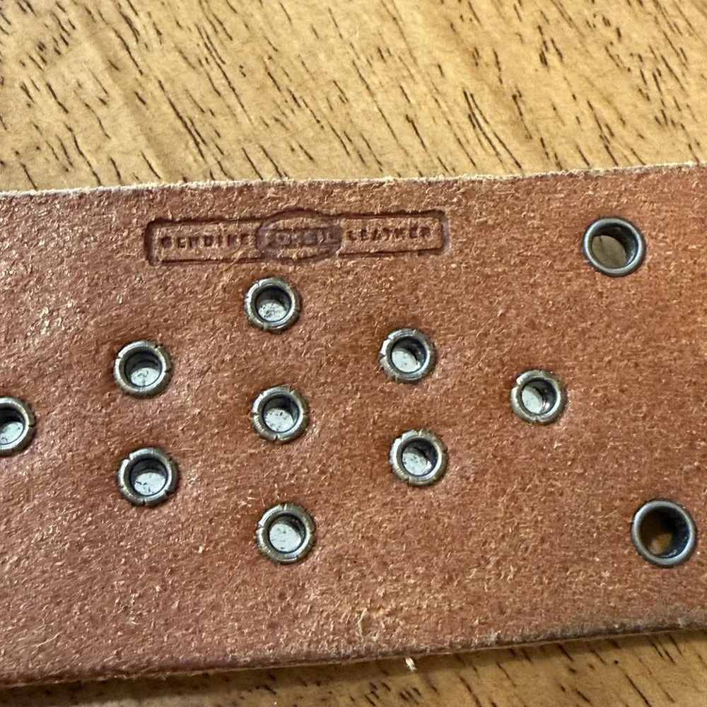 Y2K VTG Fossil Brown Leather Belt Silver Studs Grommets Clear Rhinestones Sz Lg‎